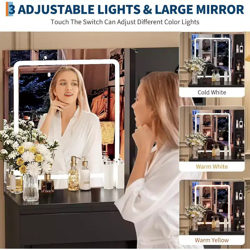 Coiffeuse avec miroir et lumières, table de maquillage avec prises, tabouret de rangement, tiroirs et support de sèche-cheveux pour salon et chambre, noir