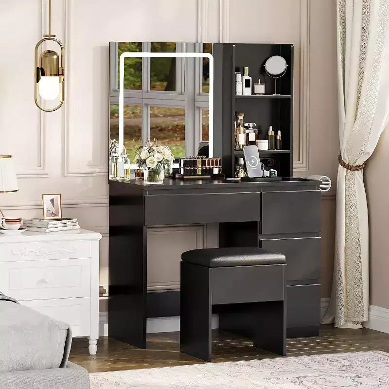 Coiffeuse avec miroir et lumières, table de maquillage avec prises, tabouret de rangement, tiroirs et support de sèche-cheveux pour salon et chambre, noir