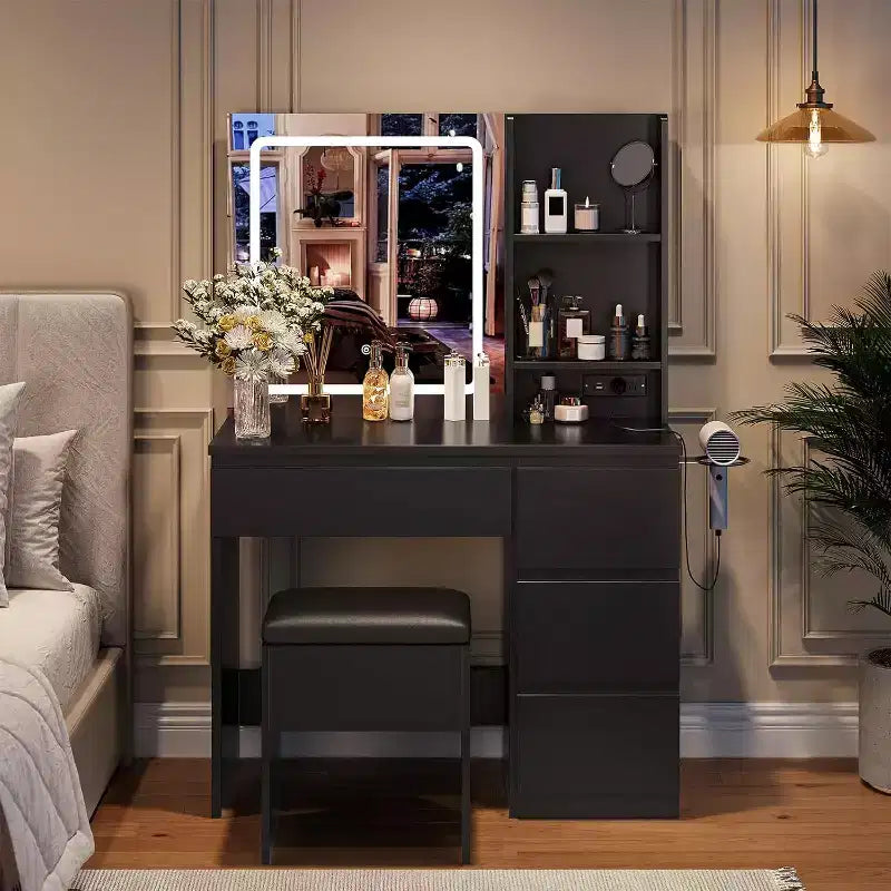 Coiffeuse avec miroir et lumières, table de maquillage avec prises, tabouret de rangement, tiroirs et support de sèche-cheveux pour salon et chambre, noir