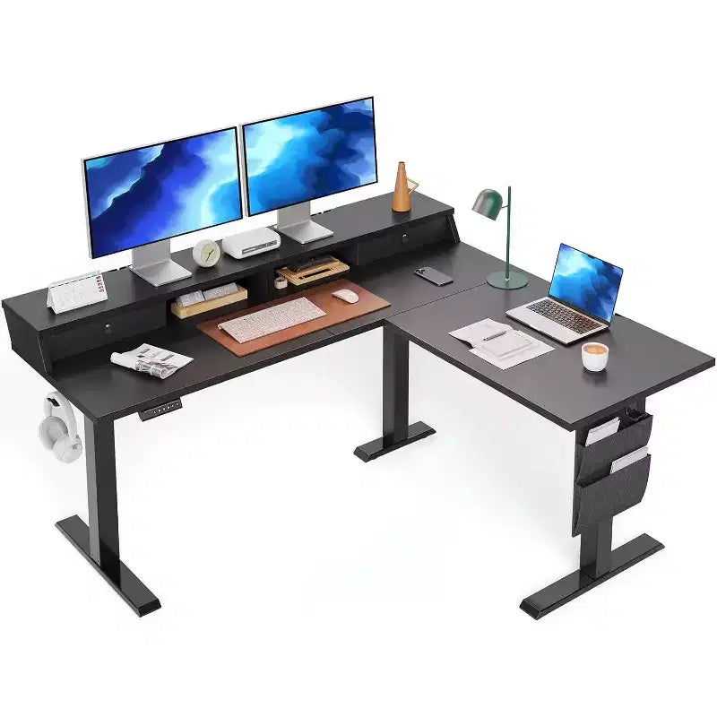 L Shaped Electric Standing Desk, 63 Ergonomic Corner Height Adjustable Desk with Drawers, Sit Stand Computer Table with Storage for Work Office Home