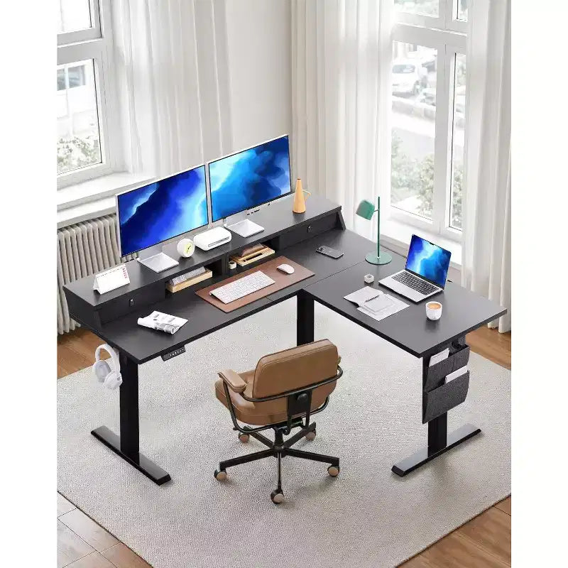 Bureau d'angle électrique assis-debout en forme de L, 63 pouces, ergonomique et réglable en hauteur avec tiroirs, table d'ordinateur assis-debout avec rangement pour le bureau et la maison