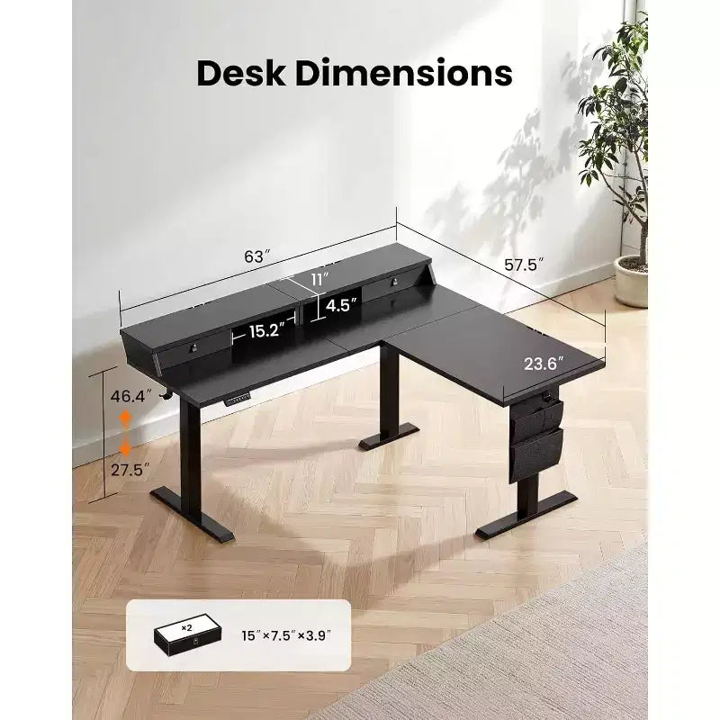 Bureau d'angle électrique assis-debout en forme de L, 63 pouces, ergonomique et réglable en hauteur avec tiroirs, table d'ordinateur assis-debout avec rangement pour le bureau et la maison