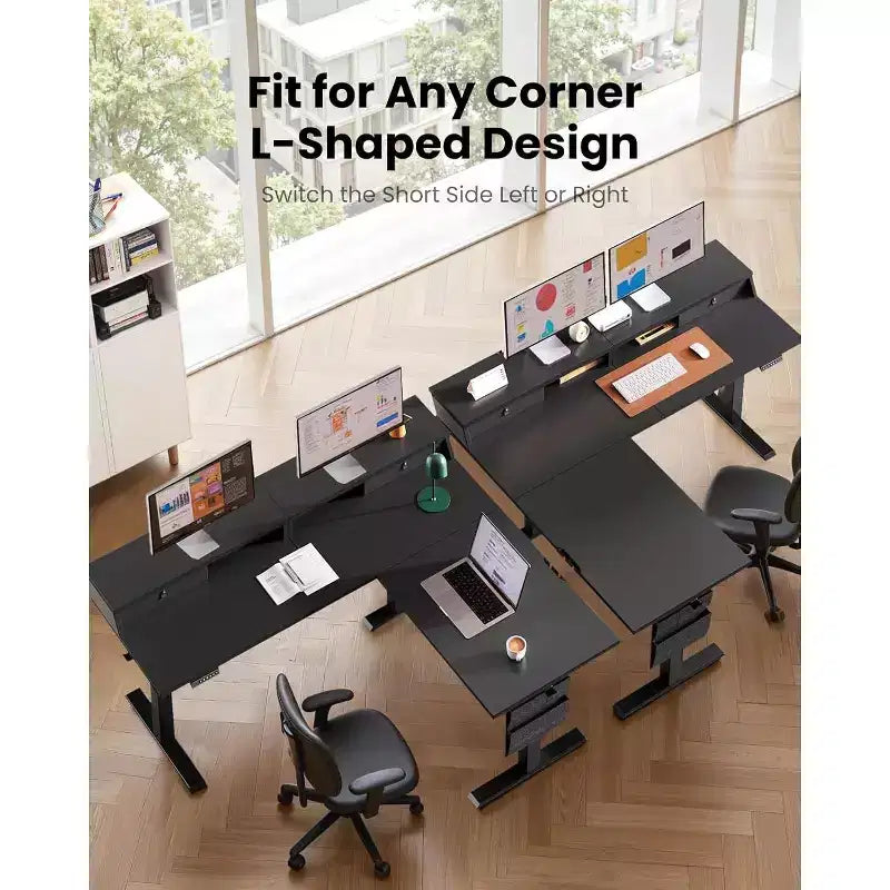 Bureau d'angle électrique assis-debout en forme de L, 63 pouces, ergonomique et réglable en hauteur avec tiroirs, table d'ordinateur assis-debout avec rangement pour le bureau et la maison
