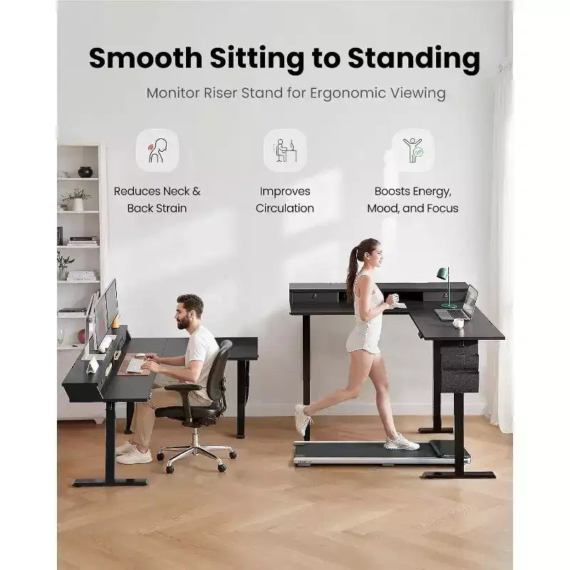 Bureau d'angle électrique assis-debout en forme de L, 63 pouces, ergonomique et réglable en hauteur avec tiroirs, table d'ordinateur assis-debout avec rangement pour le bureau et la maison