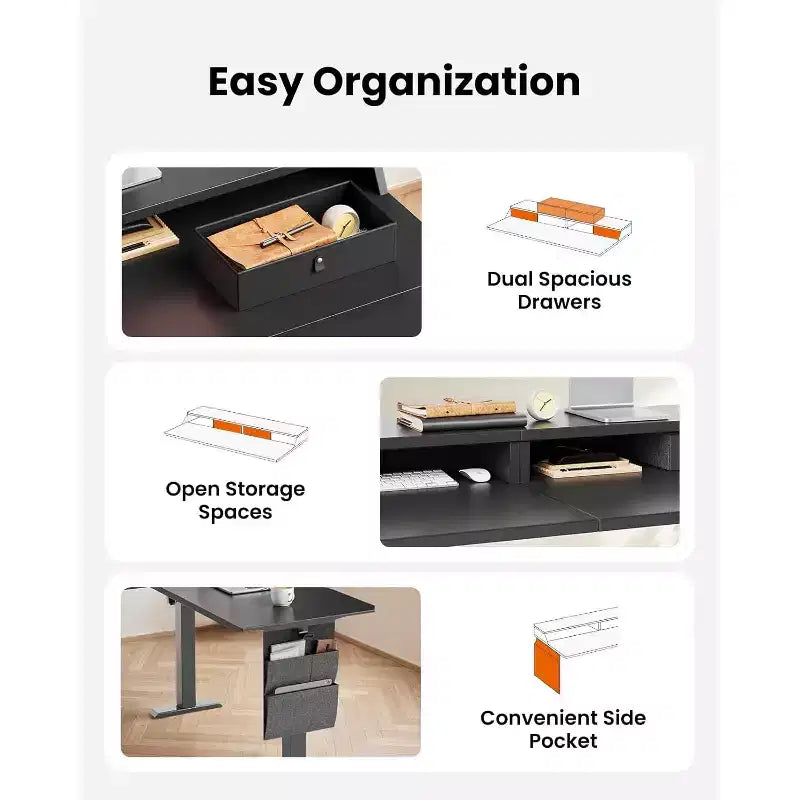 Bureau d'angle électrique assis-debout en forme de L, 63 pouces, ergonomique et réglable en hauteur avec tiroirs, table d'ordinateur assis-debout avec rangement pour le bureau et la maison