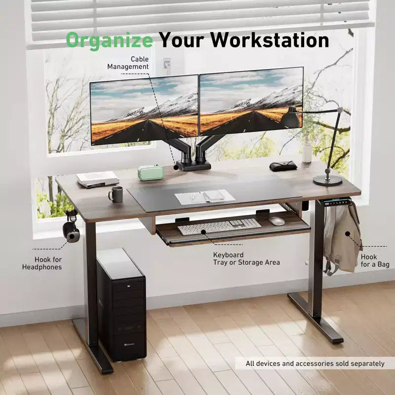 Bureau électrique réglable en hauteur 48x24 pouces, table d'ordinateur pour le travail à domicile, les études, l'écriture et les jeux, bureaux avec plateau en bois, Marron