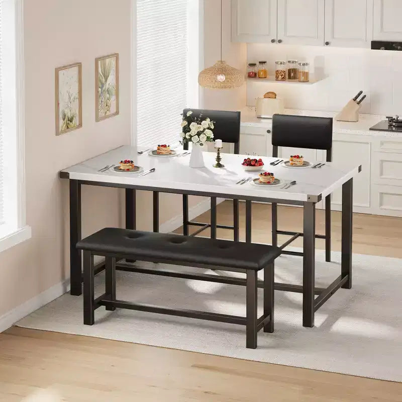 Ensemble table de salle à manger 4 pièces style ferme, marbre blanc, table rectangulaire avec chaises et banc rembourrés, gain de place, pour appartement/salle à manger