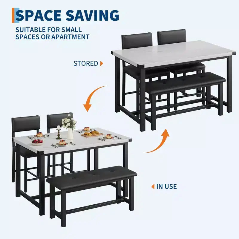 Ensemble table de salle à manger 4 pièces style ferme, marbre blanc, table rectangulaire avec chaises et banc rembourrés, gain de place, pour appartement/salle à manger