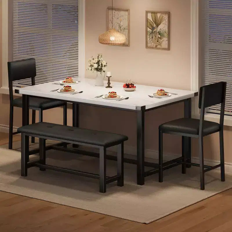 Ensemble table de salle à manger 4 pièces style ferme, marbre blanc, table rectangulaire avec chaises et banc rembourrés, gain de place, pour appartement/salle à manger