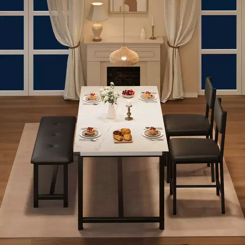 Ensemble table de salle à manger 4 pièces style ferme, marbre blanc, table rectangulaire avec chaises et banc rembourrés, gain de place, pour appartement/salle à manger