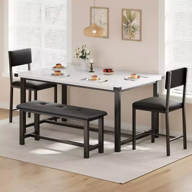 Ensemble table de salle à manger 4 pièces style ferme, marbre blanc, table rectangulaire avec chaises et banc rembourrés, gain de place, pour appartement/salle à manger