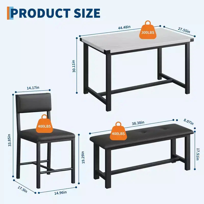 Ensemble table de salle à manger 4 pièces style ferme, marbre blanc, table rectangulaire avec chaises et banc rembourrés, gain de place, pour appartement/salle à manger