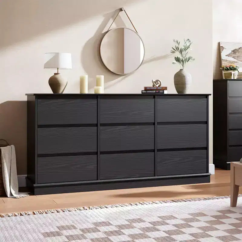 9-Drawer Black Wood Dresser, Horizontal Chest with Deep Drawers & Wide Top, Double Storage for Bedroom, Kids Room, Closet, Living Room