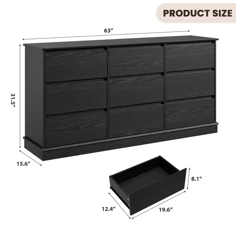 Commode noire à 9 tiroirs, coffre horizontal avec tiroirs profonds et plateau large, double rangement pour chambre à coucher, chambre d'enfant, placard, salon