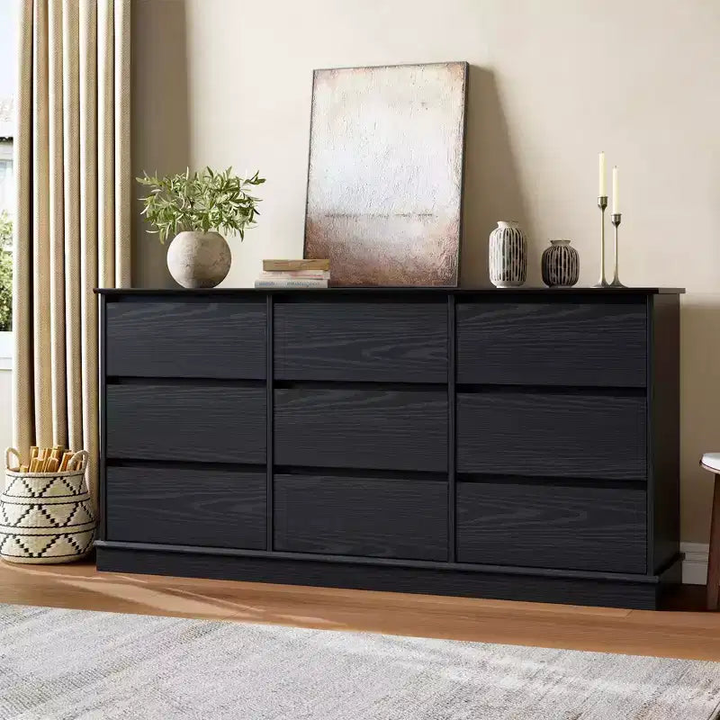 Commode noire à 9 tiroirs, coffre horizontal avec tiroirs profonds et plateau large, double rangement pour chambre à coucher, chambre d'enfant, placard, salon