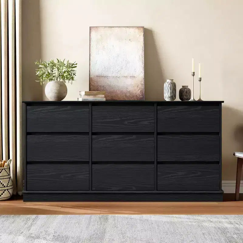 Commode noire à 9 tiroirs, coffre horizontal avec tiroirs profonds et plateau large, double rangement pour chambre à coucher, chambre d'enfant, placard, salon