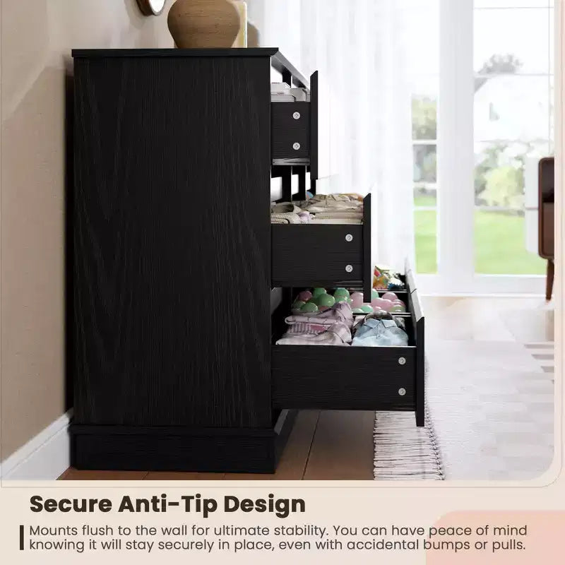 Commode noire à 9 tiroirs, coffre horizontal avec tiroirs profonds et plateau large, double rangement pour chambre à coucher, chambre d'enfant, placard, salon