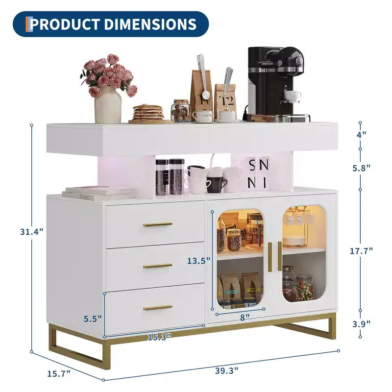 Meuble de buffet intelligent à LED avec lumière RVB 20 couleurs et station de charge, buffet de bar à café avec tiroir et huche pour salon, salle à manger, cuisine