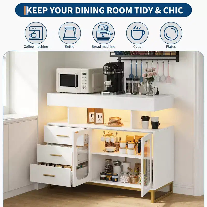 Meuble de buffet intelligent à LED avec lumière RVB 20 couleurs et station de charge, buffet de bar à café avec tiroir et huche pour salon, salle à manger, cuisine