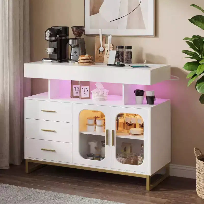 Meuble de buffet intelligent à LED avec lumière RVB 20 couleurs et station de charge, buffet de bar à café avec tiroir et huche pour salon, salle à manger, cuisine