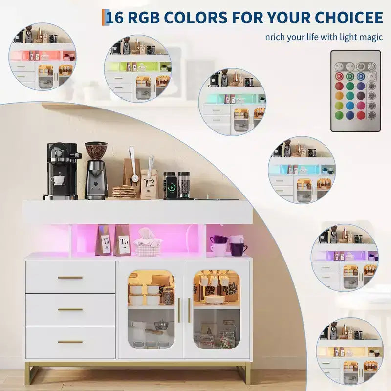 Meuble de buffet intelligent à LED avec lumière RVB 20 couleurs et station de charge, buffet de bar à café avec tiroir et huche pour salon, salle à manger, cuisine
