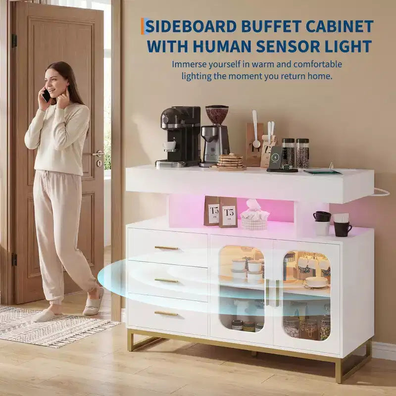 Meuble de buffet intelligent à LED avec lumière RVB 20 couleurs et station de charge, buffet de bar à café avec tiroir et huche pour salon, salle à manger, cuisine