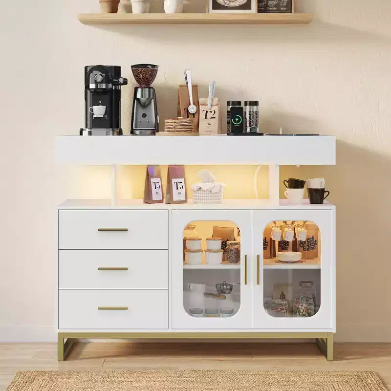 Meuble de buffet intelligent à LED avec lumière RVB 20 couleurs et station de charge, buffet de bar à café avec tiroir et huche pour salon, salle à manger, cuisine