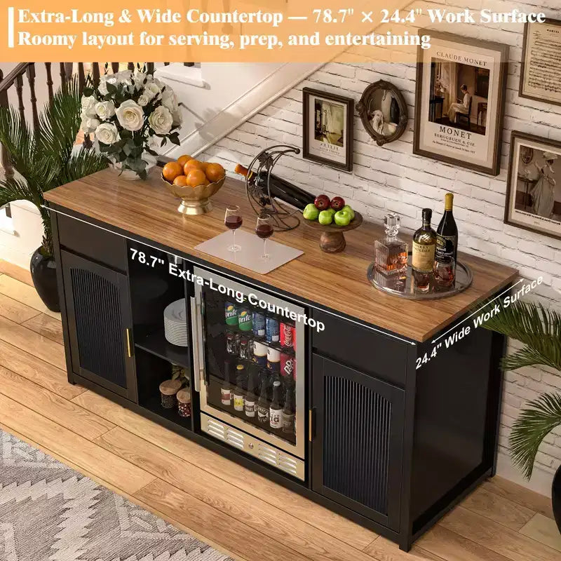 Meuble Bar Extra Long GDLF avec Espace Réfrigérateur, Meuble à Vin et Spiritueux Moderne, 78,7