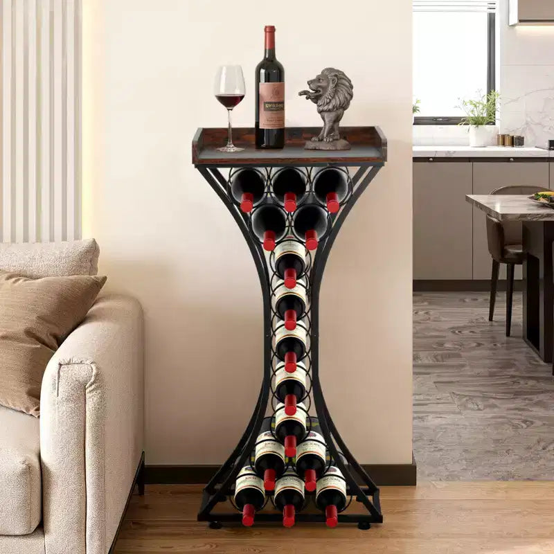 VEVOR Casier à vin 15 bouteilles, support à vin autoportant en fer, mini-bar avec plateau en bois, 42,9 cm (L) x 29 cm (l) x 89,4 cm (H), noir + marron