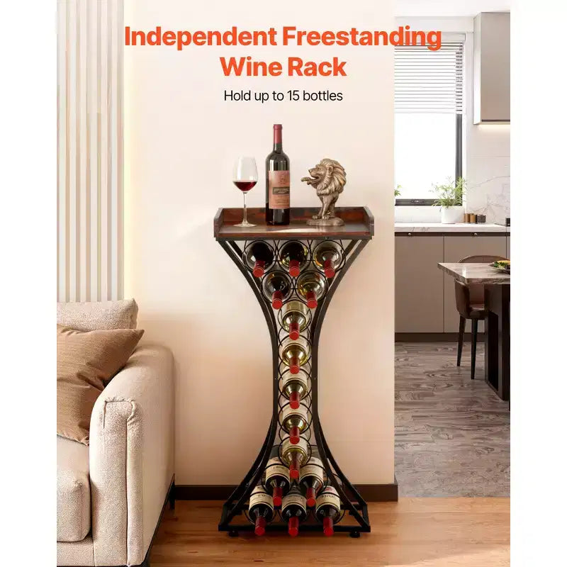 VEVOR Casier à vin 15 bouteilles, support à vin autoportant en fer, mini-bar avec plateau en bois, 42,9 cm (L) x 29 cm (l) x 89,4 cm (H), noir + marron