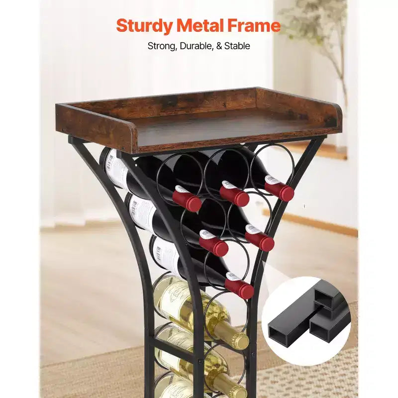 VEVOR Casier à vin 15 bouteilles, support à vin autoportant en fer, mini-bar avec plateau en bois, 42,9 cm (L) x 29 cm (l) x 89,4 cm (H), noir + marron