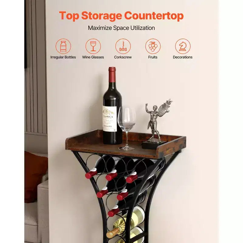 VEVOR Casier à vin 15 bouteilles, support à vin autoportant en fer, mini-bar avec plateau en bois, 42,9 cm (L) x 29 cm (l) x 89,4 cm (H), noir + marron