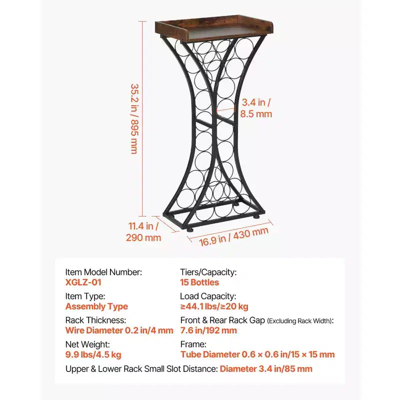 VEVOR Casier à vin 15 bouteilles, support à vin autoportant en fer, mini-bar avec plateau en bois, 42,9 cm (L) x 29 cm (l) x 89,4 cm (H), noir + marron