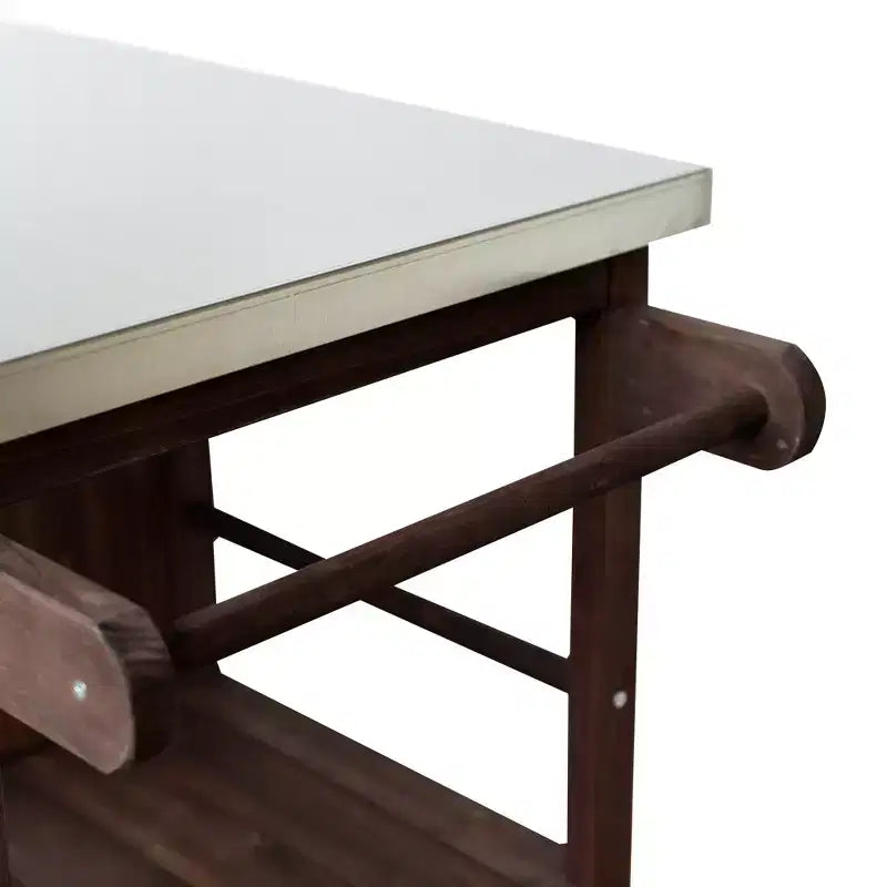 Îlot de cuisine d'extérieur en bois de sapin avec rangement, chariot de cuisine roulant verrouillable avec plateau en acier inoxydable, porte-serviettes et porte-épices pour patio/cuisine - ModernLuxe