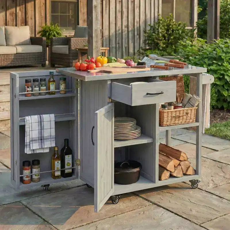 Îlot de cuisine d'extérieur en bois de sapin avec rangement, chariot de cuisine roulant verrouillable avec plateau en acier inoxydable, porte-serviettes et porte-épices pour patio/cuisine - ModernLuxe