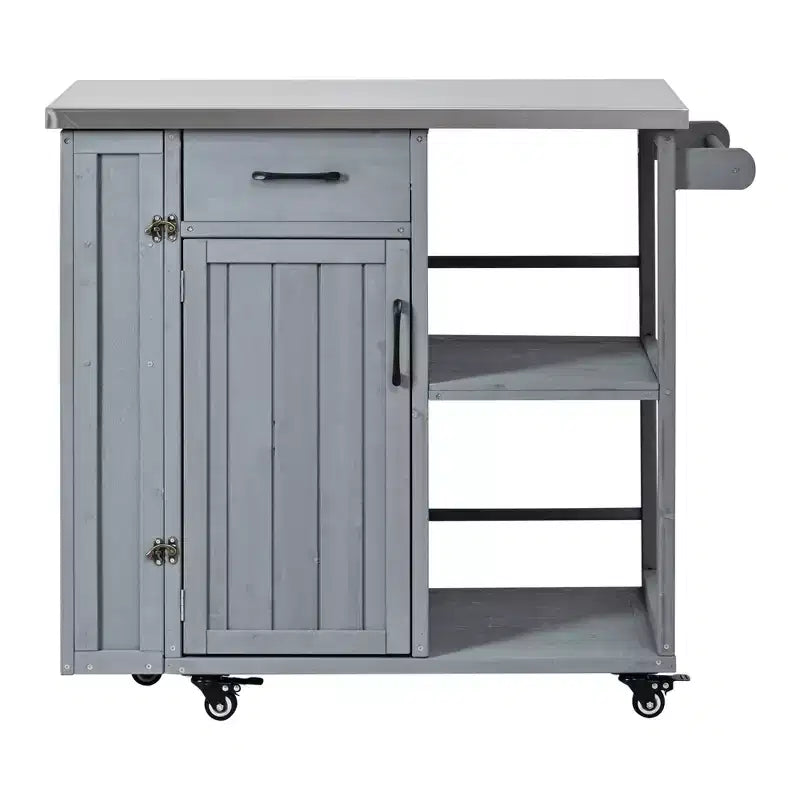 Îlot de cuisine d'extérieur en bois de sapin avec rangement, chariot de cuisine roulant verrouillable avec plateau en acier inoxydable, porte-serviettes et porte-épices pour patio/cuisine - ModernLuxe