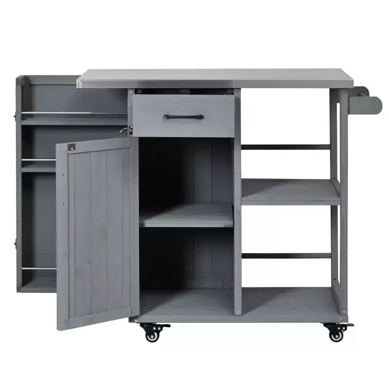 Îlot de cuisine d'extérieur en bois de sapin avec rangement, chariot de cuisine roulant verrouillable avec plateau en acier inoxydable, porte-serviettes et porte-épices pour patio/cuisine - ModernLuxe