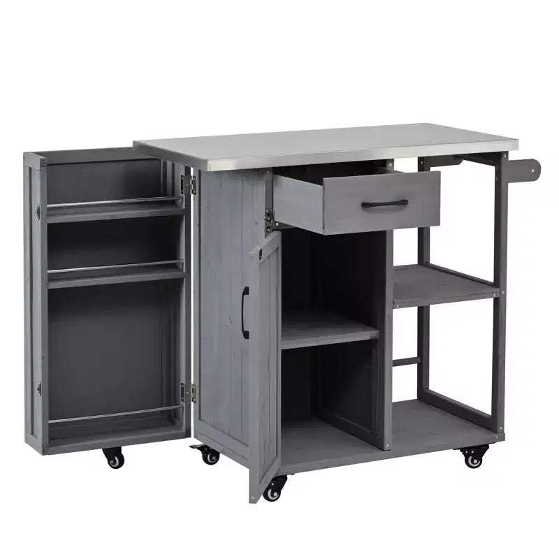 Îlot de cuisine d'extérieur en bois de sapin avec rangement, chariot de cuisine roulant verrouillable avec plateau en acier inoxydable, porte-serviettes et porte-épices pour patio/cuisine - ModernLuxe
