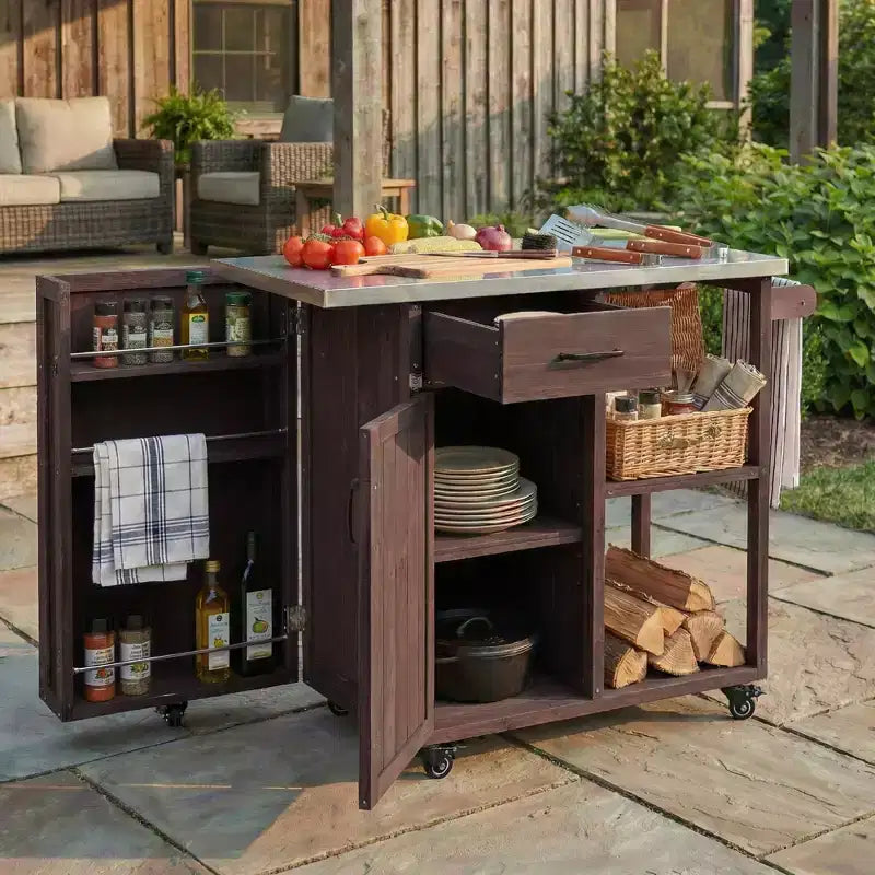 Îlot de cuisine d'extérieur en bois de sapin avec rangement, chariot de cuisine roulant verrouillable avec plateau en acier inoxydable, porte-serviettes et porte-épices pour patio/cuisine - ModernLuxe