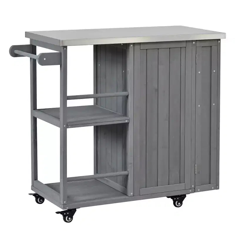 Îlot de cuisine d'extérieur en bois de sapin avec rangement, chariot de cuisine roulant verrouillable avec plateau en acier inoxydable, porte-serviettes et porte-épices pour patio/cuisine - ModernLuxe