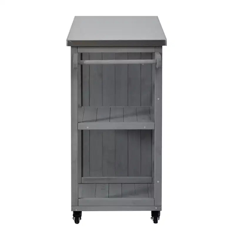 Îlot de cuisine d'extérieur en bois de sapin avec rangement, chariot de cuisine roulant verrouillable avec plateau en acier inoxydable, porte-serviettes et porte-épices pour patio/cuisine - ModernLuxe
