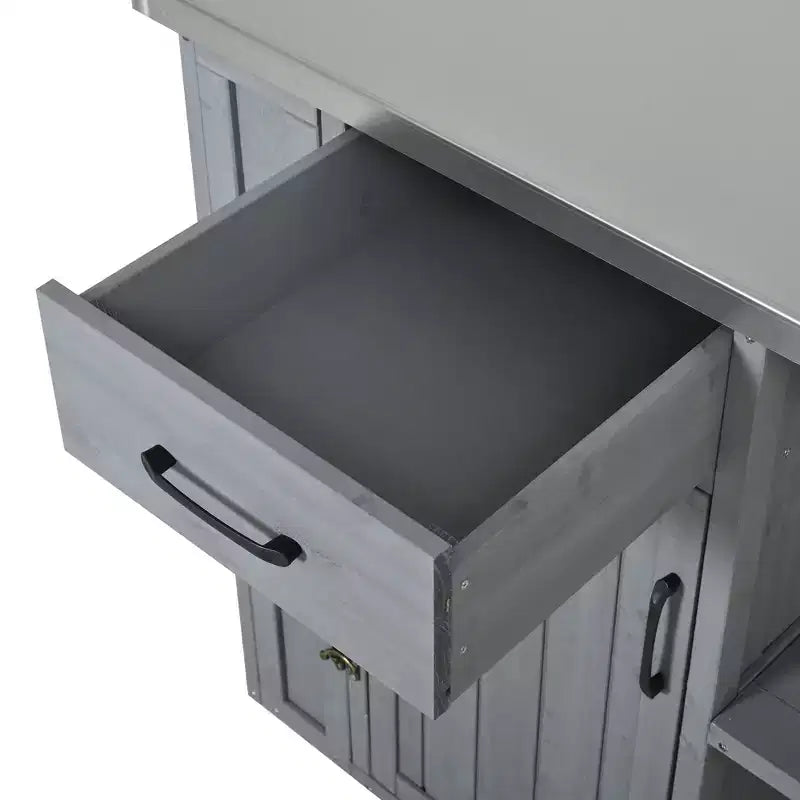 Îlot de cuisine d'extérieur en bois de sapin avec rangement, chariot de cuisine roulant verrouillable avec plateau en acier inoxydable, porte-serviettes et porte-épices pour patio/cuisine - ModernLuxe