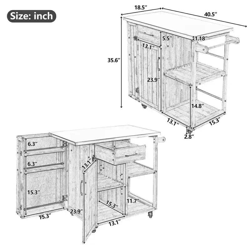 Îlot de cuisine d'extérieur en bois de sapin avec rangement, chariot de cuisine roulant verrouillable avec plateau en acier inoxydable, porte-serviettes et porte-épices pour patio/cuisine - ModernLuxe