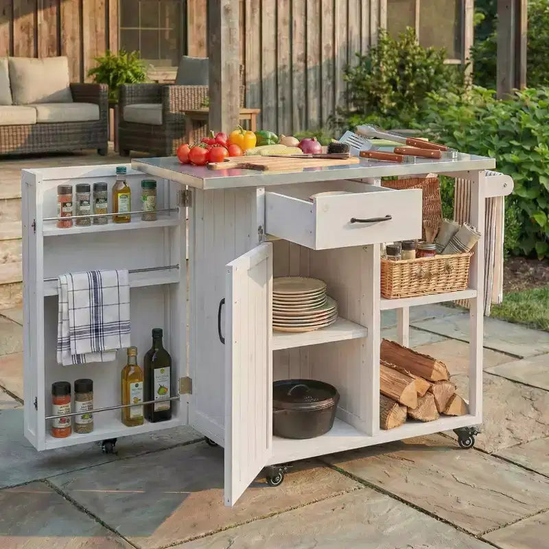 Îlot de cuisine d'extérieur en bois de sapin avec rangement, chariot de cuisine roulant verrouillable avec plateau en acier inoxydable, porte-serviettes et porte-épices pour patio/cuisine - ModernLuxe