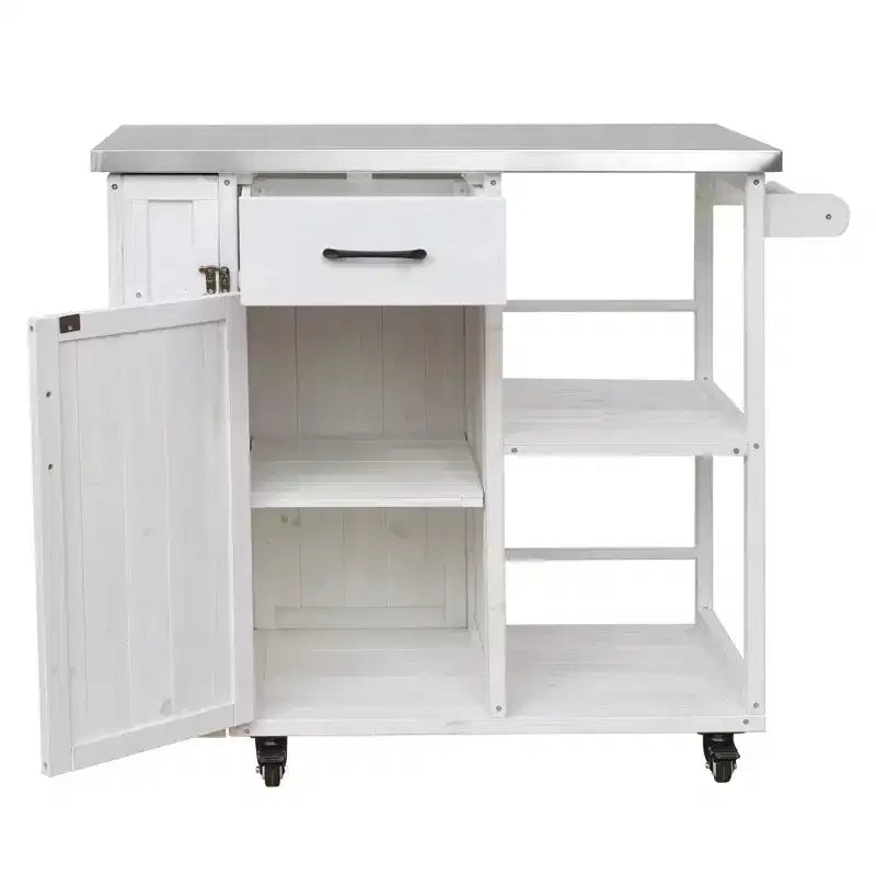 Îlot de cuisine d'extérieur en bois de sapin avec rangement, chariot de cuisine roulant verrouillable avec plateau en acier inoxydable, porte-serviettes et porte-épices pour patio/cuisine - ModernLuxe