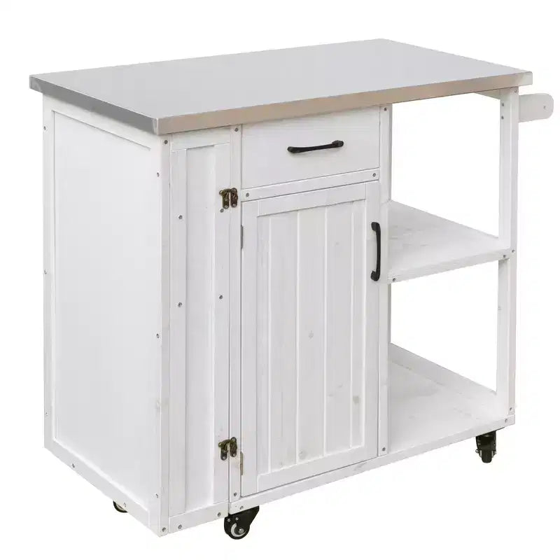 Îlot de cuisine d'extérieur en bois de sapin avec rangement, chariot de cuisine roulant verrouillable avec plateau en acier inoxydable, porte-serviettes et porte-épices pour patio/cuisine - ModernLuxe