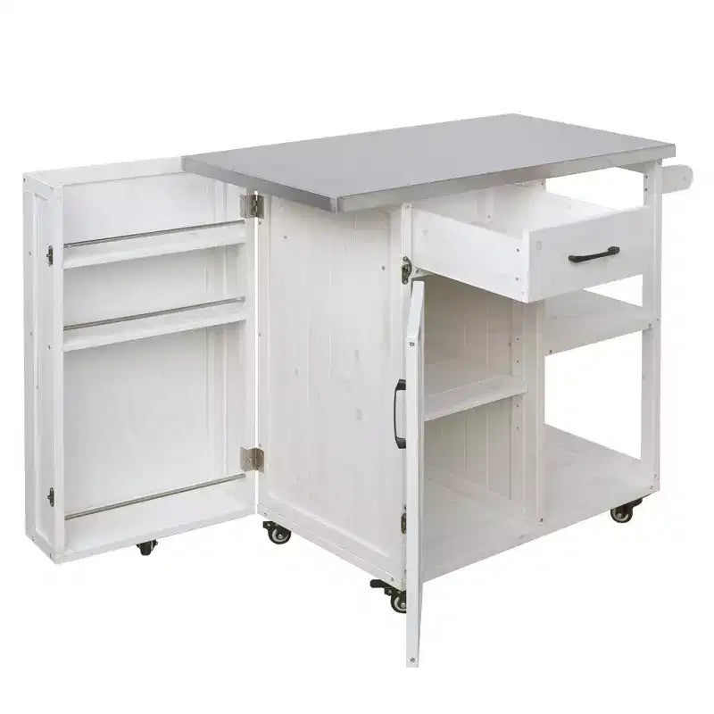 Îlot de cuisine d'extérieur en bois de sapin avec rangement, chariot de cuisine roulant verrouillable avec plateau en acier inoxydable, porte-serviettes et porte-épices pour patio/cuisine - ModernLuxe