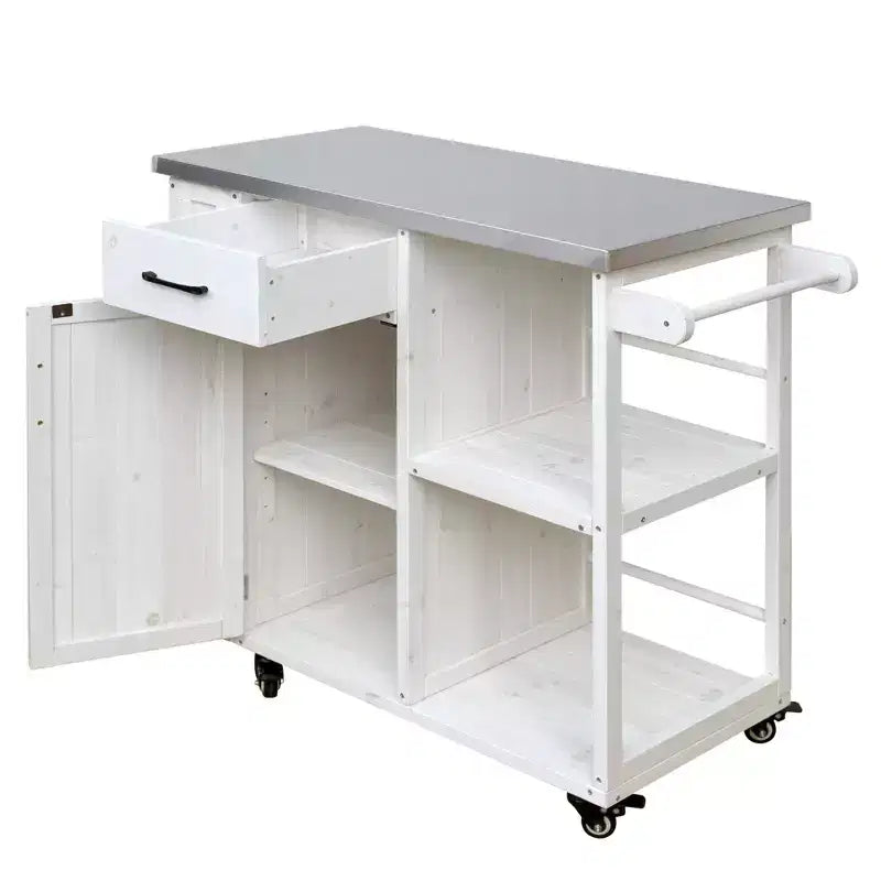 Îlot de cuisine d'extérieur en bois de sapin avec rangement, chariot de cuisine roulant verrouillable avec plateau en acier inoxydable, porte-serviettes et porte-épices pour patio/cuisine - ModernLuxe