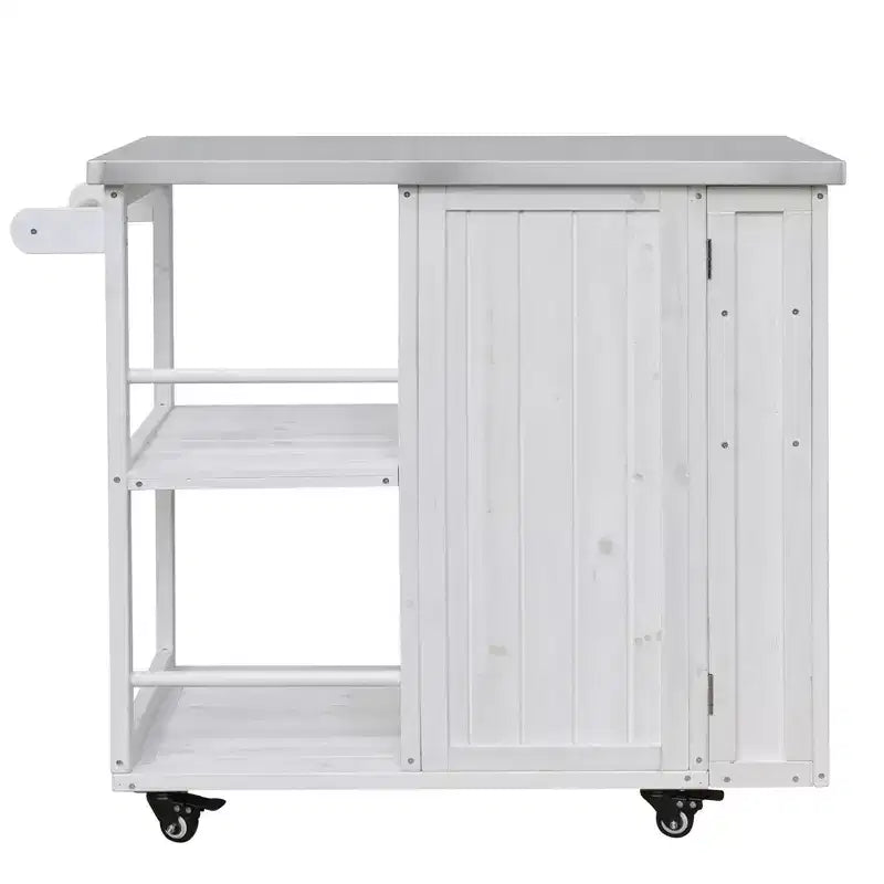 Îlot de cuisine d'extérieur en bois de sapin avec rangement, chariot de cuisine roulant verrouillable avec plateau en acier inoxydable, porte-serviettes et porte-épices pour patio/cuisine - ModernLuxe