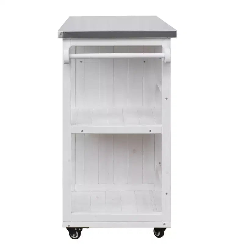 Îlot de cuisine d'extérieur en bois de sapin avec rangement, chariot de cuisine roulant verrouillable avec plateau en acier inoxydable, porte-serviettes et porte-épices pour patio/cuisine - ModernLuxe